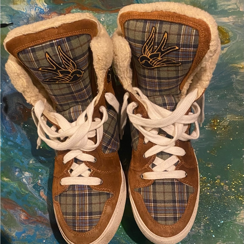 DSQUARED2 suede Plaid High-Top Sneakers with Shearling Lining SIZE 46 us 12
